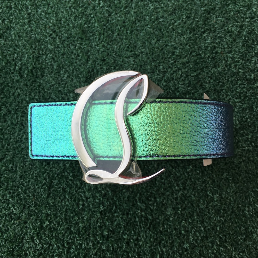 New Christian Louboutin Logo Buckle Iridescent Leather Belt Rainbow Silver 75 - Picture 3 of 16